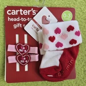 NWT Carter's Red + Pink Heart Socks + Hair Clips Set VALENTINES BE MINE (Q5)